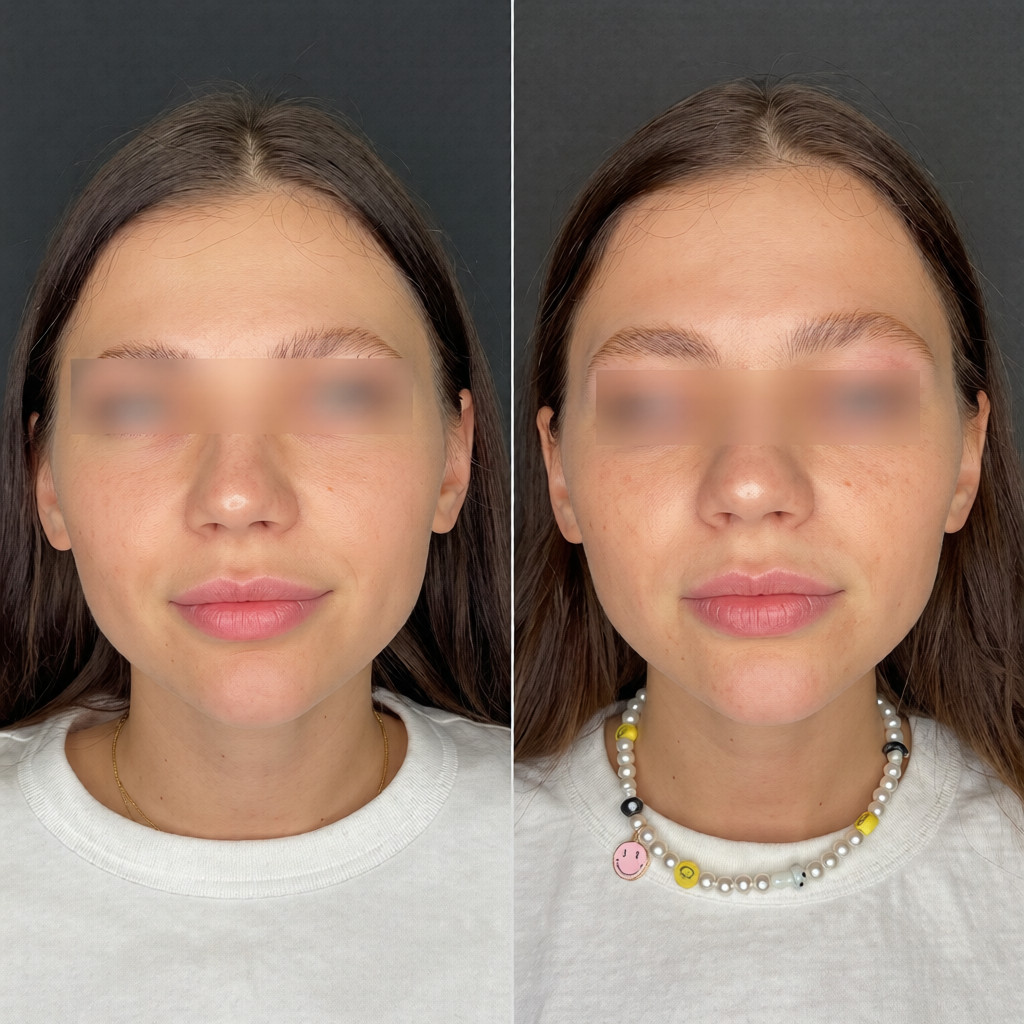 Before and after Lip Filler Dissolving Treatment reducing excess lip filler for a refined, balanced look.