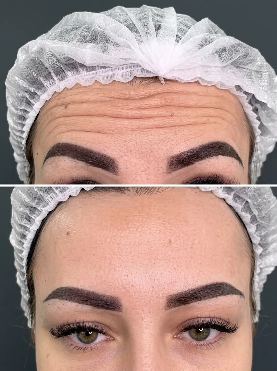 Before and after results of forehead Botox treatment showing reduced wrinkles and smoother skin