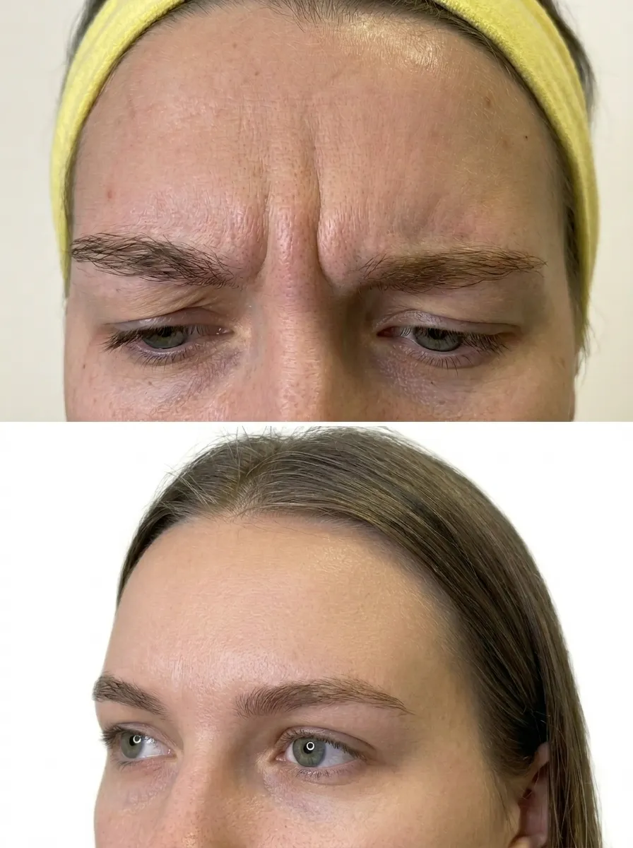 Before and after frown lines Botox treatment showing smoother skin between the eyebrows