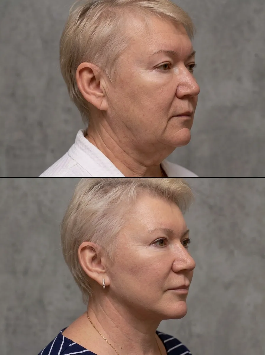 Before and after liquid facelift treatment showing lifted facial contours and smoother skin appearance