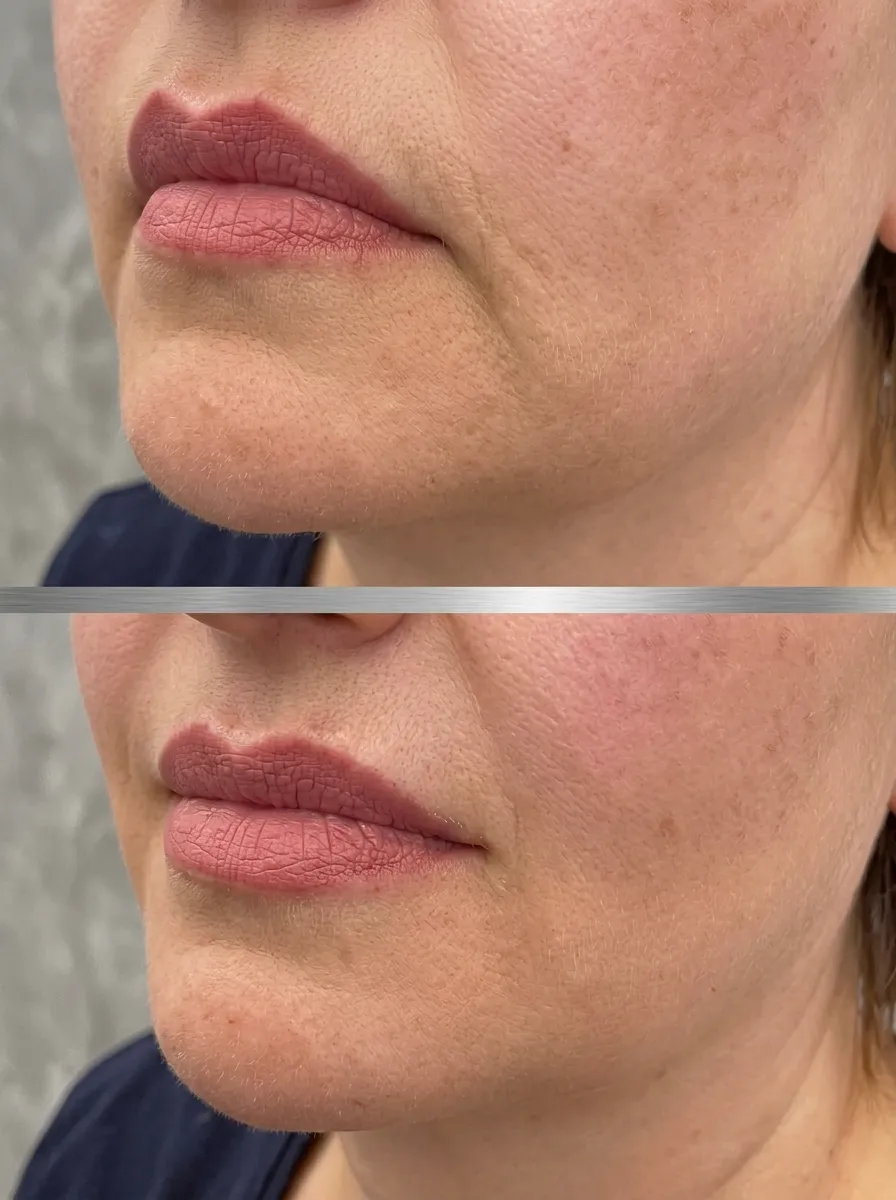 Before and after marionette line filler treatment showing smoother lower-face contours and softened lines