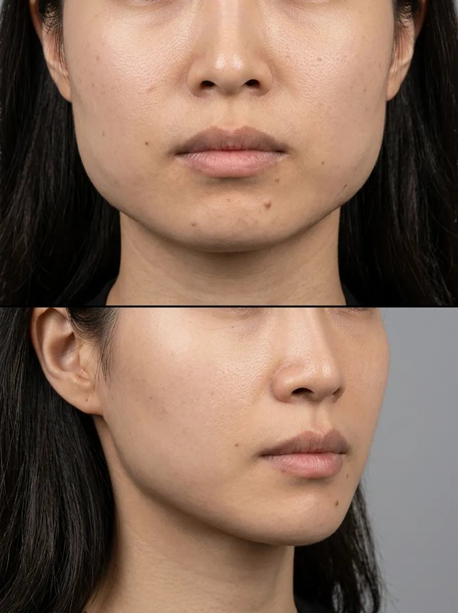 Before and after Masseter Botox treatment showing a slimmer jawline and softer facial contours