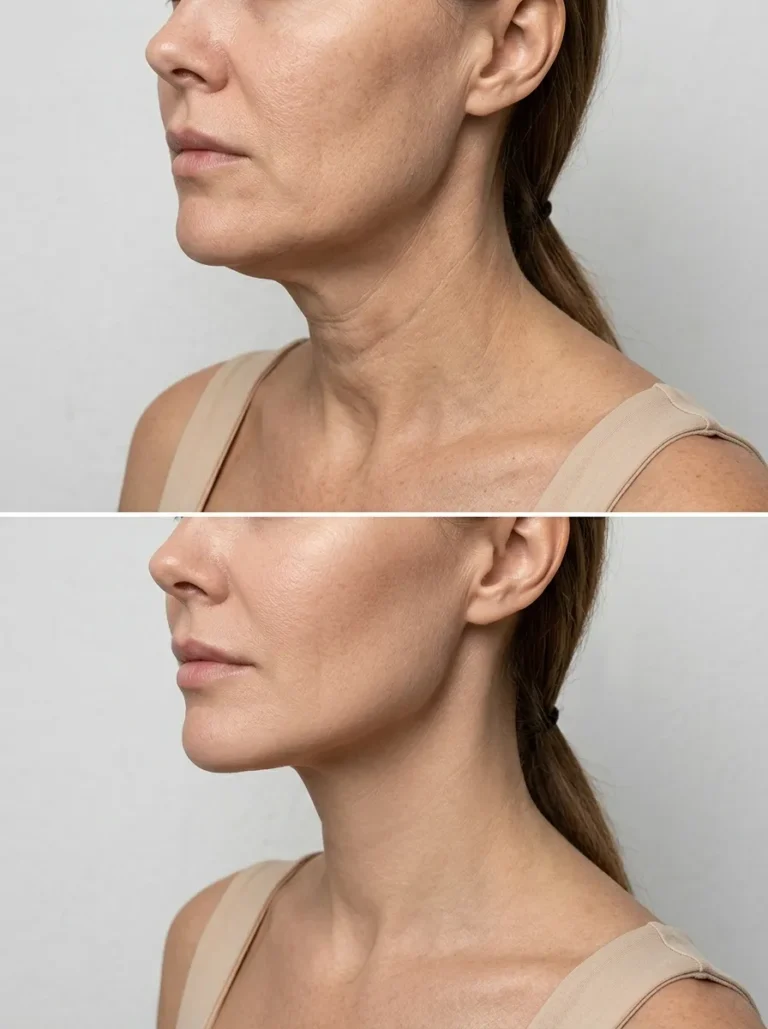 Before and after Nefertiti Neck Lift treatment showing improved neck tightness and jawline definition