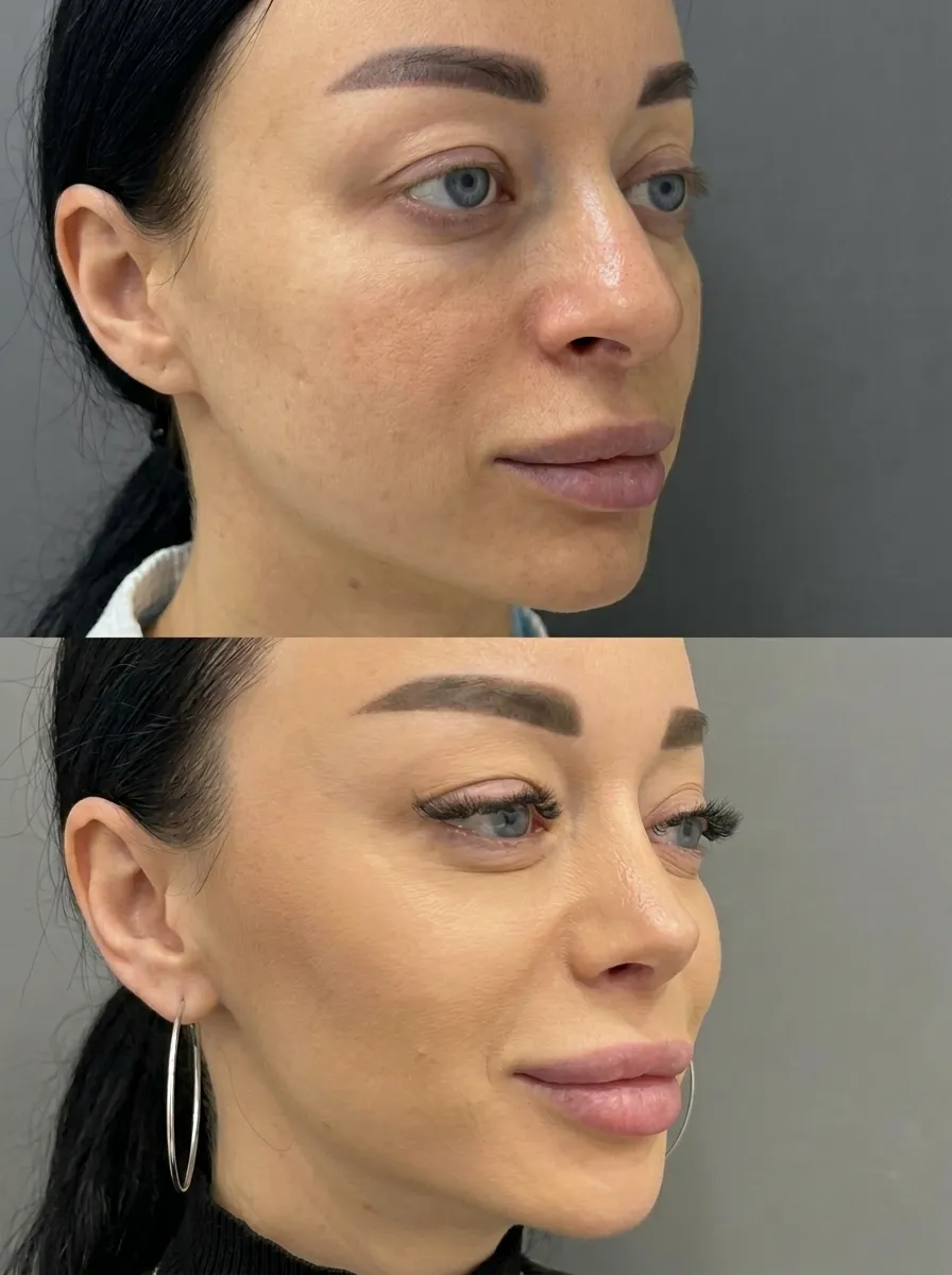 Before and after non-surgical rhinoplasty results showing improved nose shape and facial profile balance