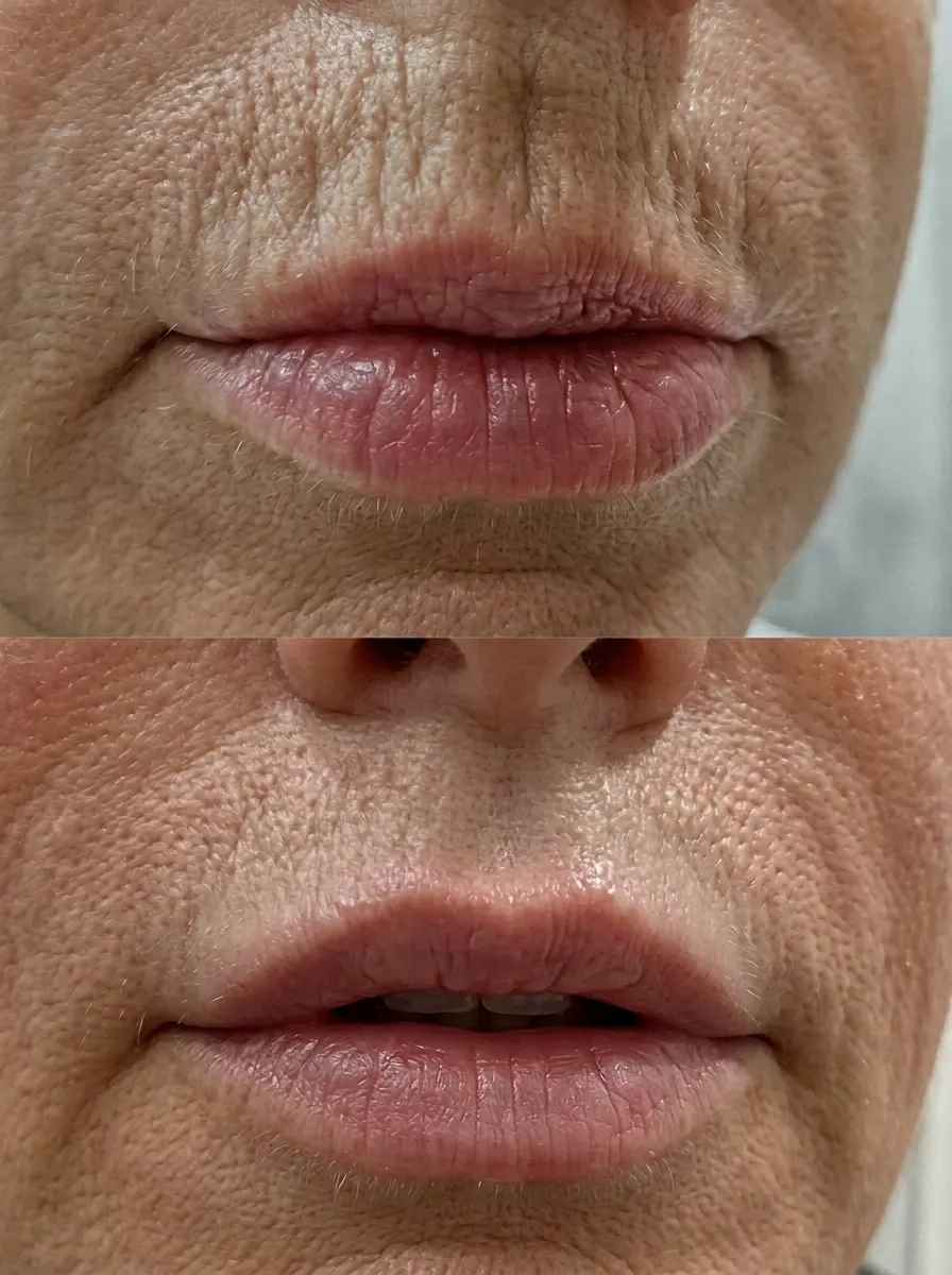 Before and after smoker’s line filler treatment showing smoother skin around the lips and reduced wrinkles