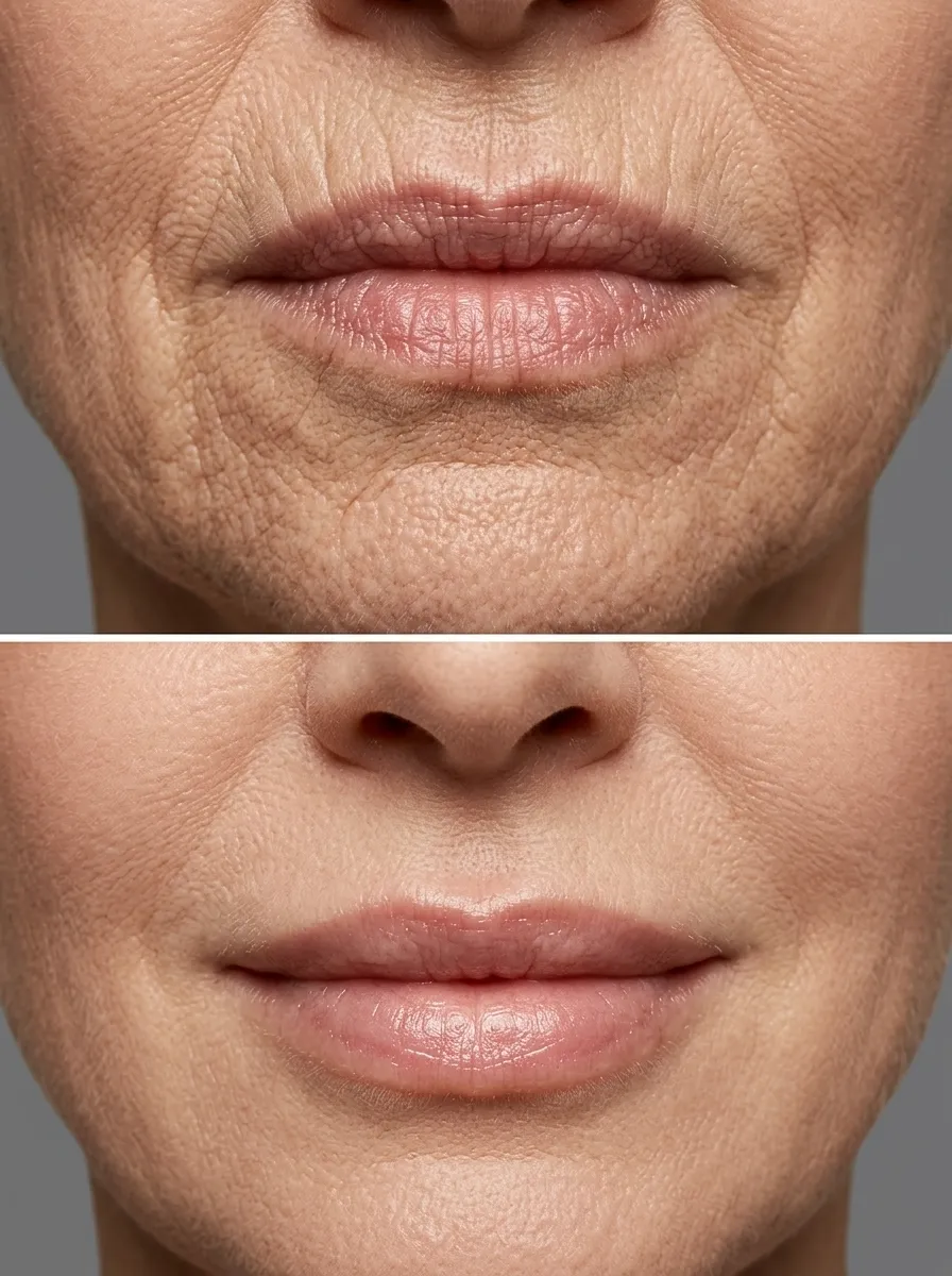 Before and after Smoker’s lines Botox treatment showing reduced lip wrinkles and smoother skin texture