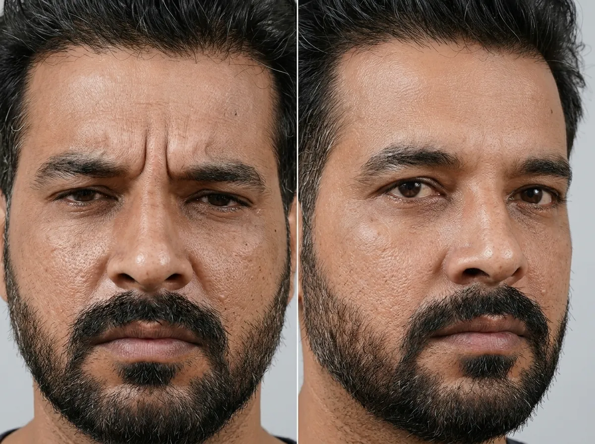 Botox treatment softening frown lines while maintaining natural facial expression and movement