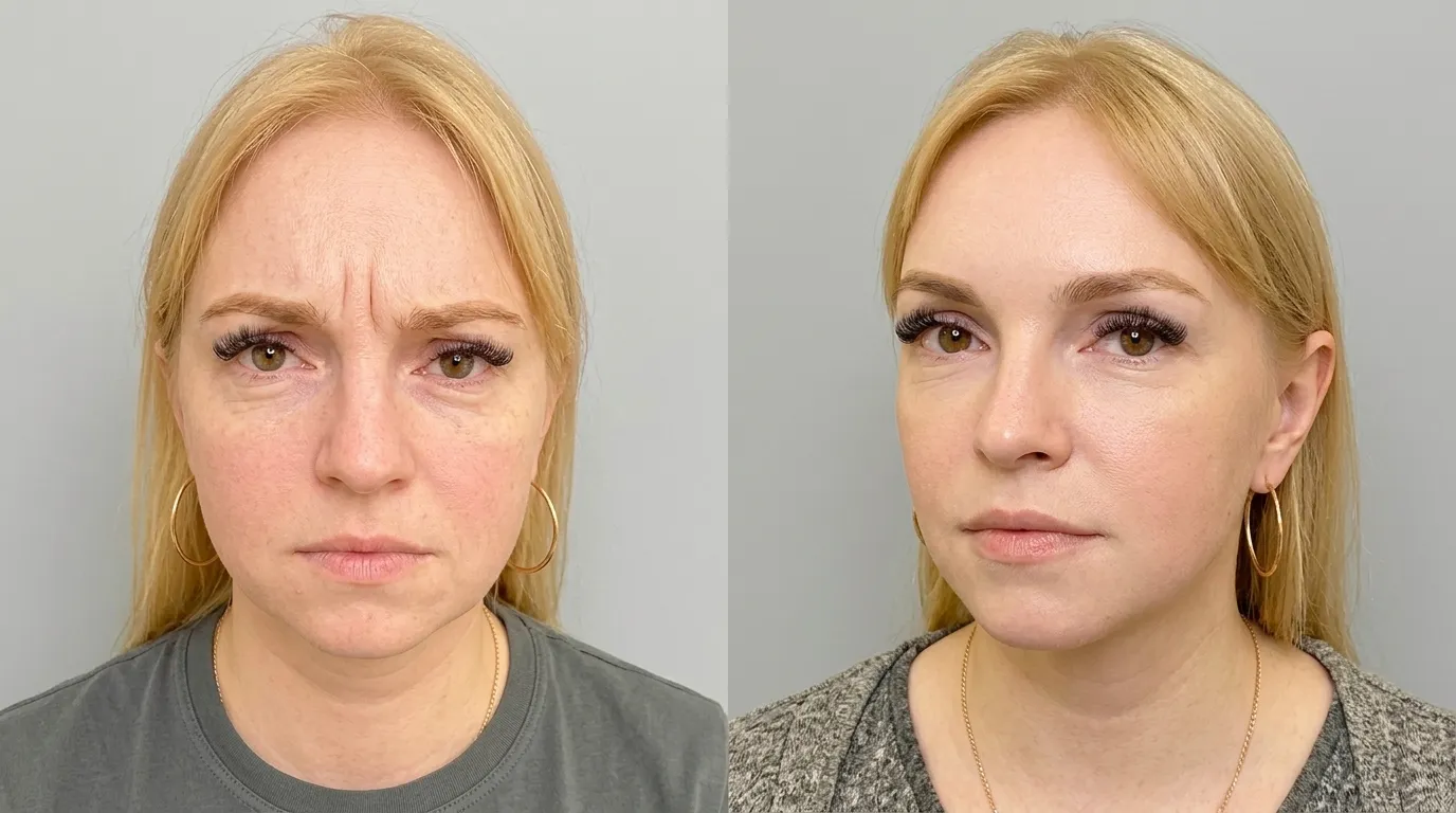 Frown lines Botox treatment in a London clinic to reduce glabellar lines and smooth facial expression wrinkles