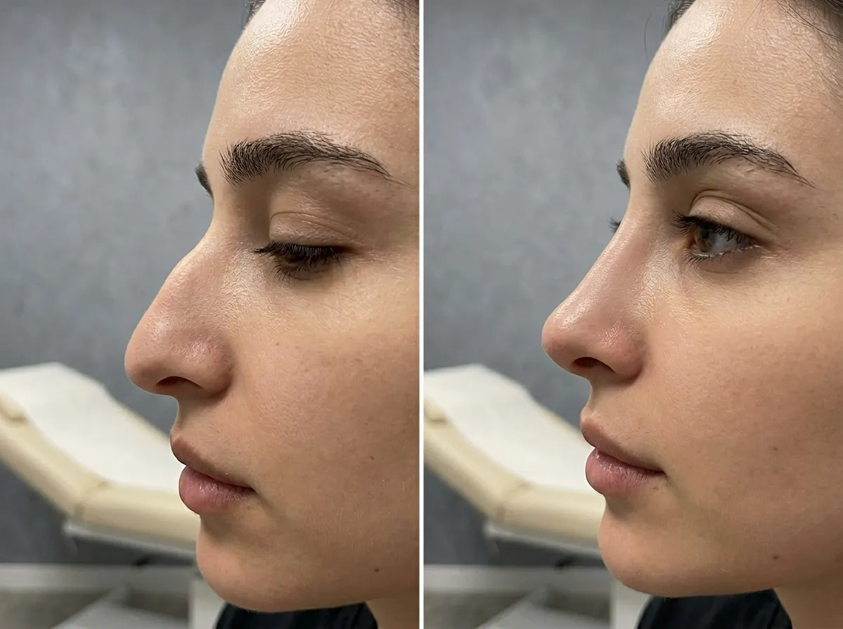 Non-surgical rhinoplasty addressing profile concerns such as bumps, asymmetry, and nose contour without surgery