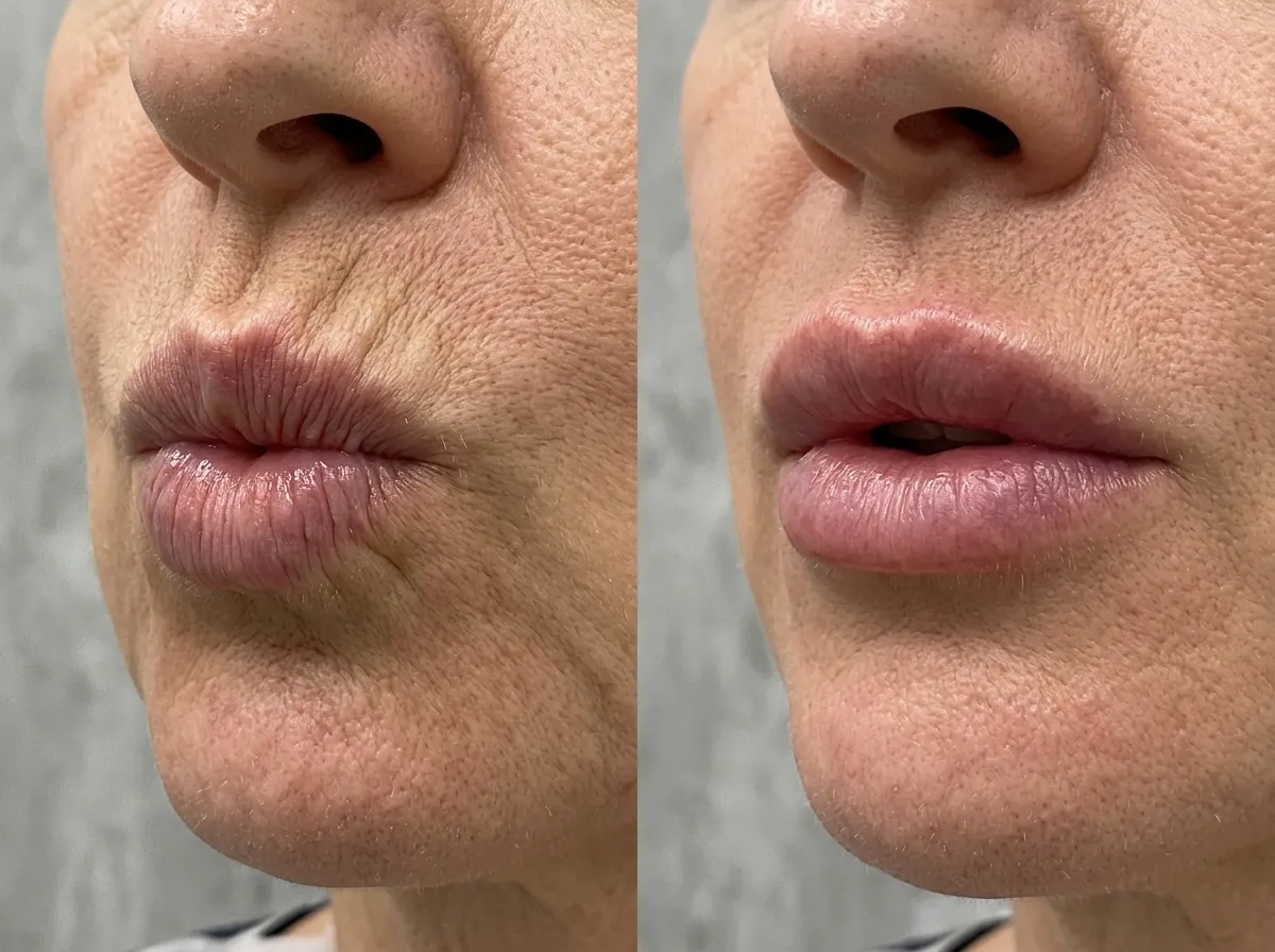 Dermal filler treatment smoothing perioral lines and enhancing upper lip definition for a softer appearance