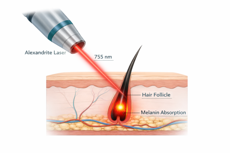 Alexandrite laser 755nm wavelength targeting melanin in a hair follicle cross-section diagram