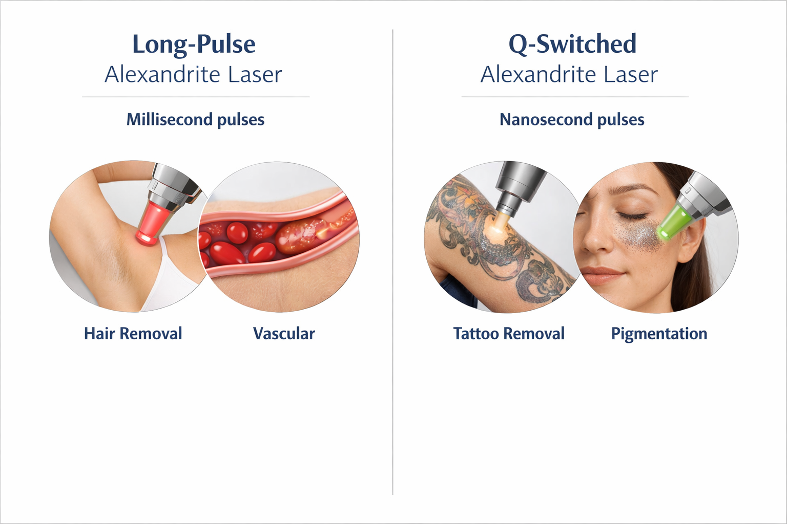 Infographic comparing long-pulse and Q-switched Alexandrite laser modes and their uses