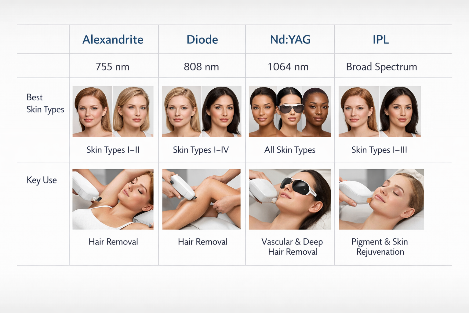 Comparison chart of Alexandrite, Diode, Nd:YAG and IPL laser wavelengths and skin type suitability