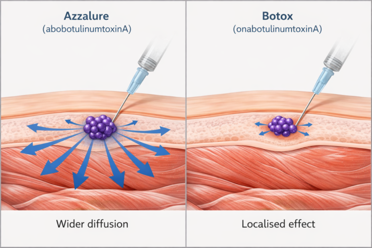 Azzalure vs Botox comparison illustration showing diffusion differences at injection site