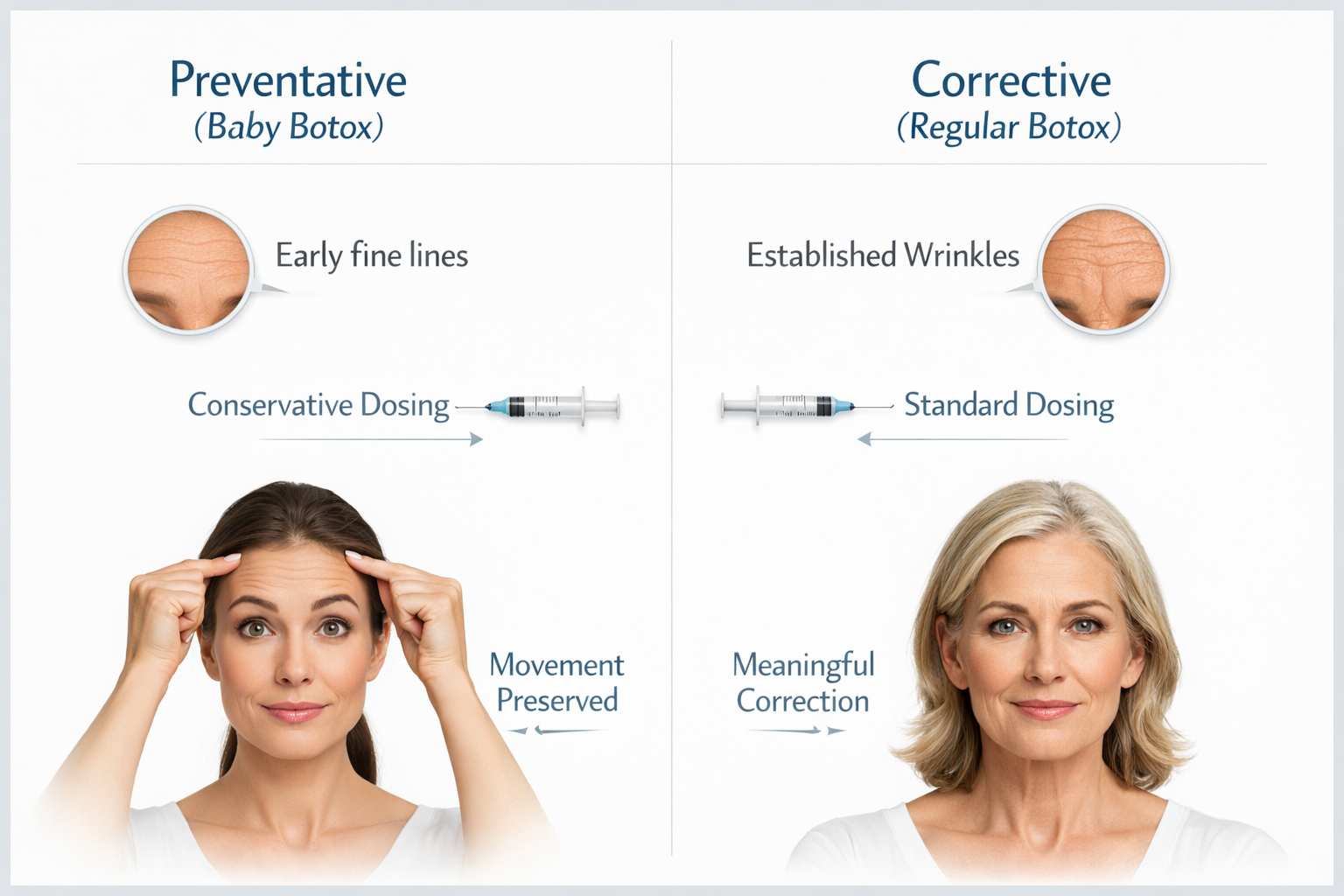 Infographic comparing preventative baby Botox and corrective regular Botox approaches