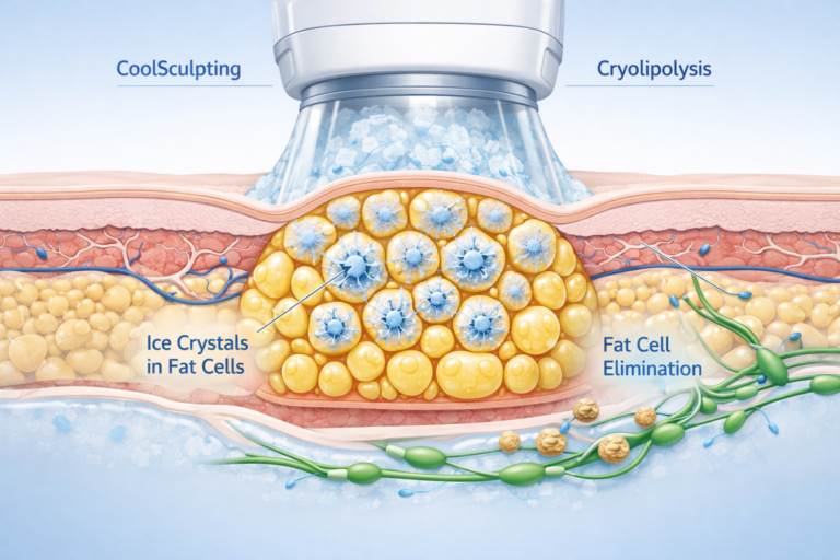 CoolSculpting cryolipolysis process illustration showing fat cell freezing and elimination