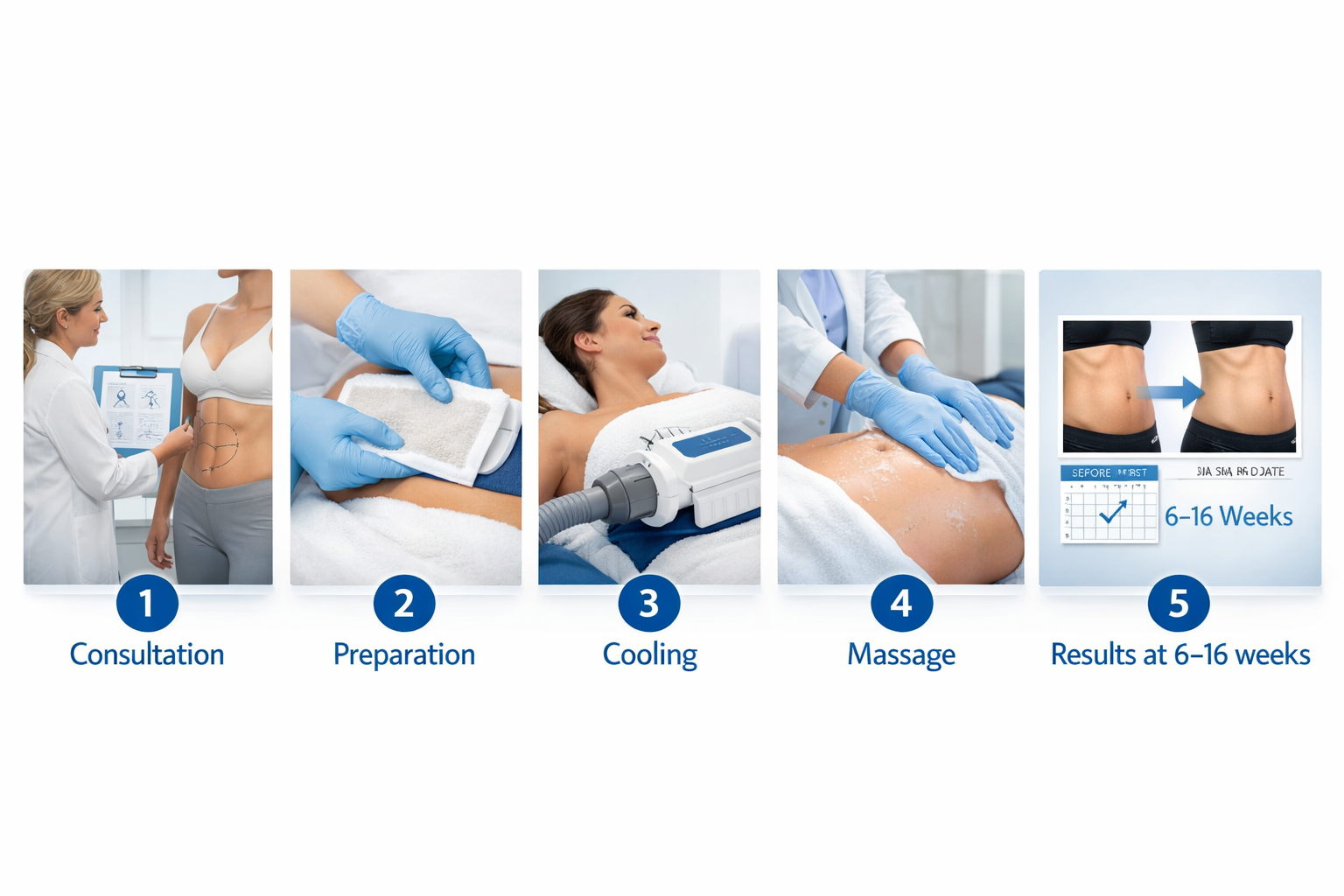 Step-by-step CoolSculpting treatment process from consultation to recovery and results