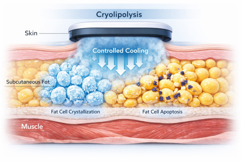 Illustration of cryolipolysis process showing controlled cooling targeting subcutaneous fat cells