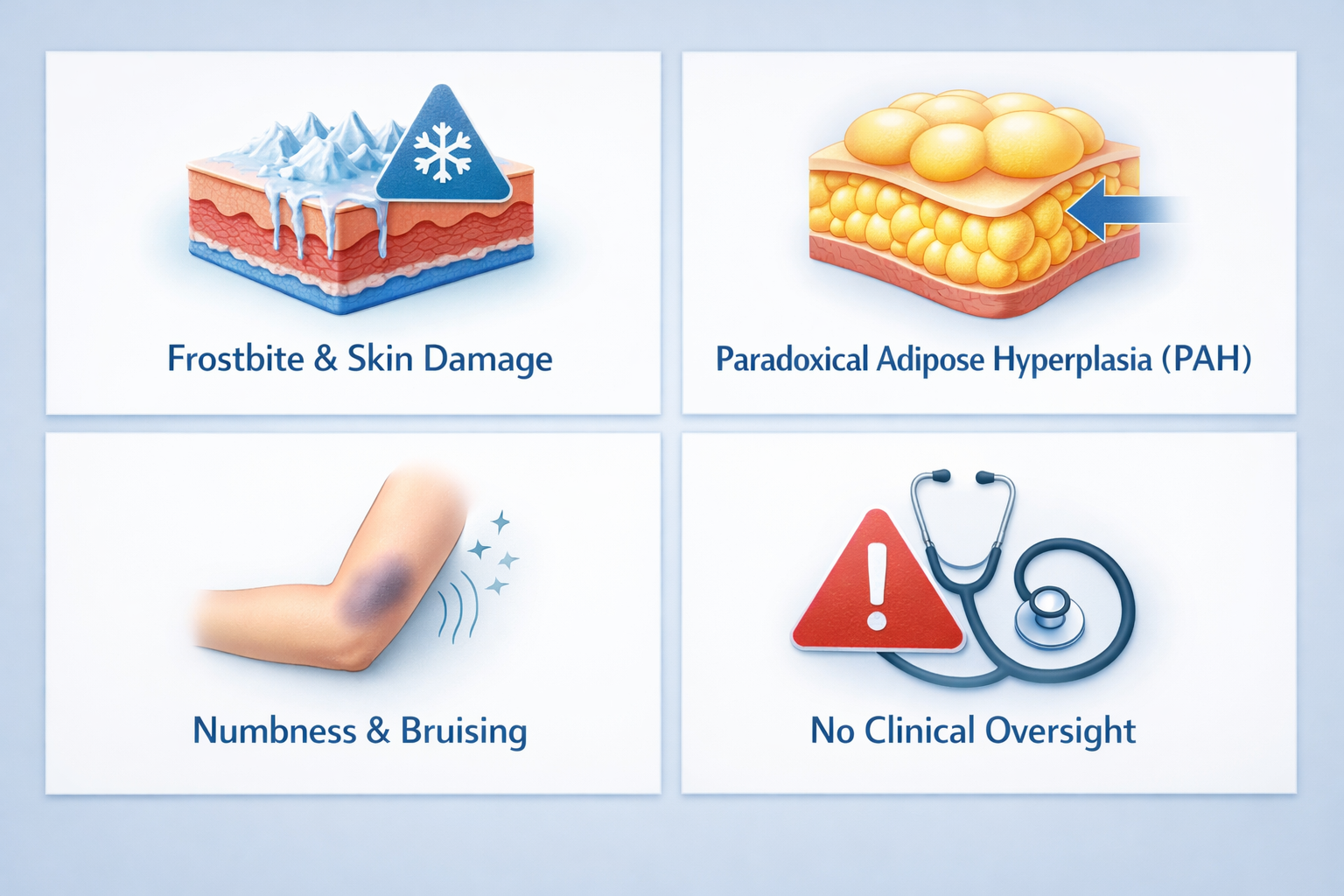 Infographic showing four key risks of home fat freezing including frostbite and paradoxical
