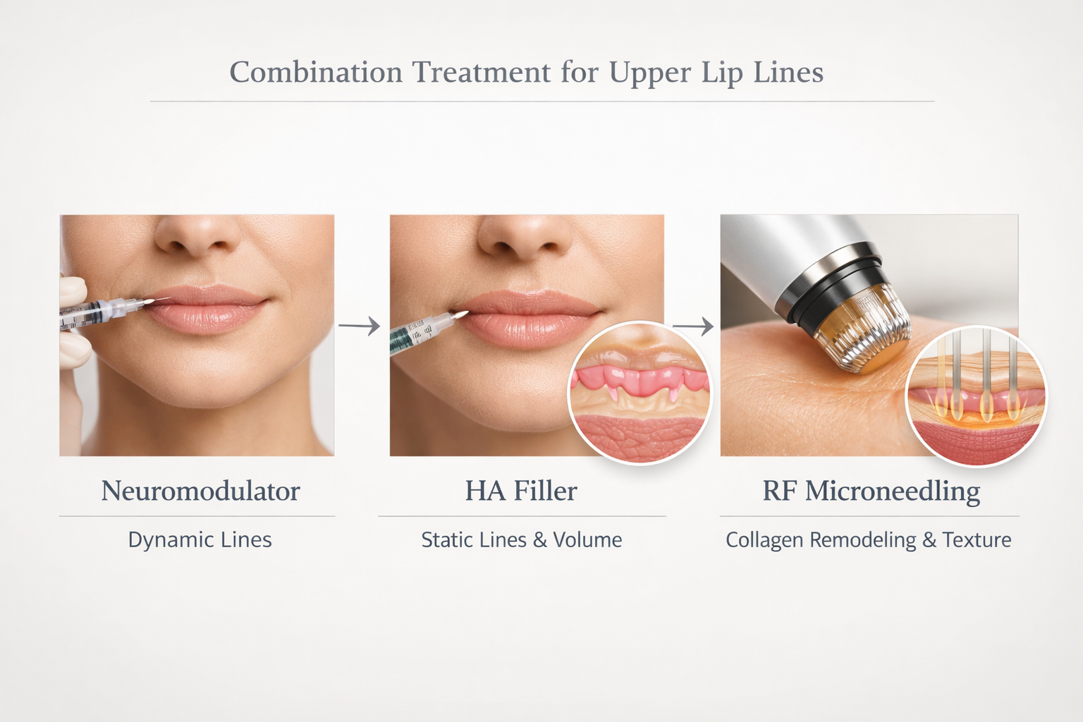 Infographic showing combination treatment approach for upper lip lines using toxin, filler, and RF
