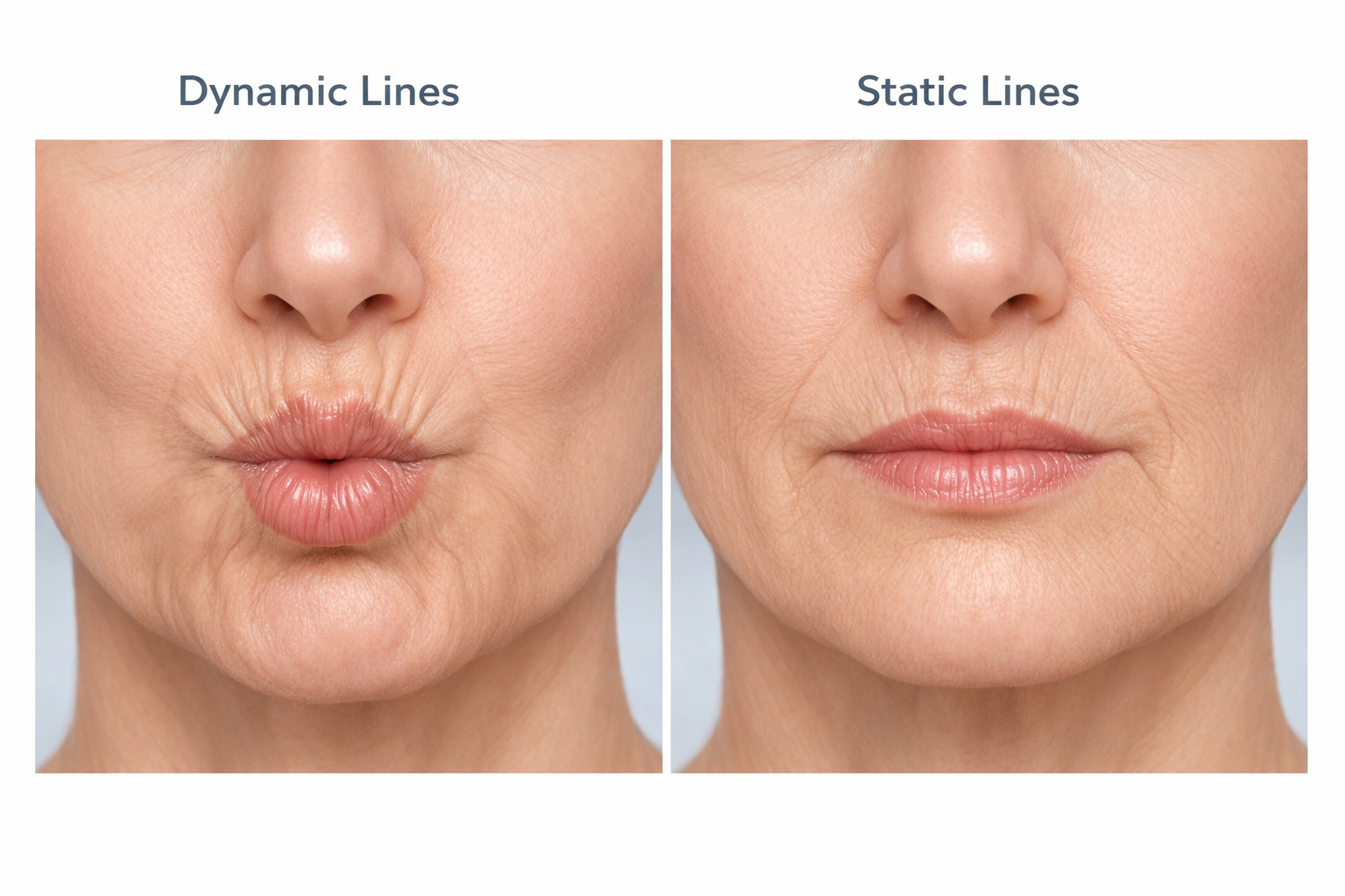 Comparison diagram showing dynamic lip lines during expression versus static lip lines visible at