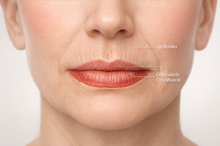 Illustration of upper lip lines and perioral rhytides showing smoker's lines above the lip border
