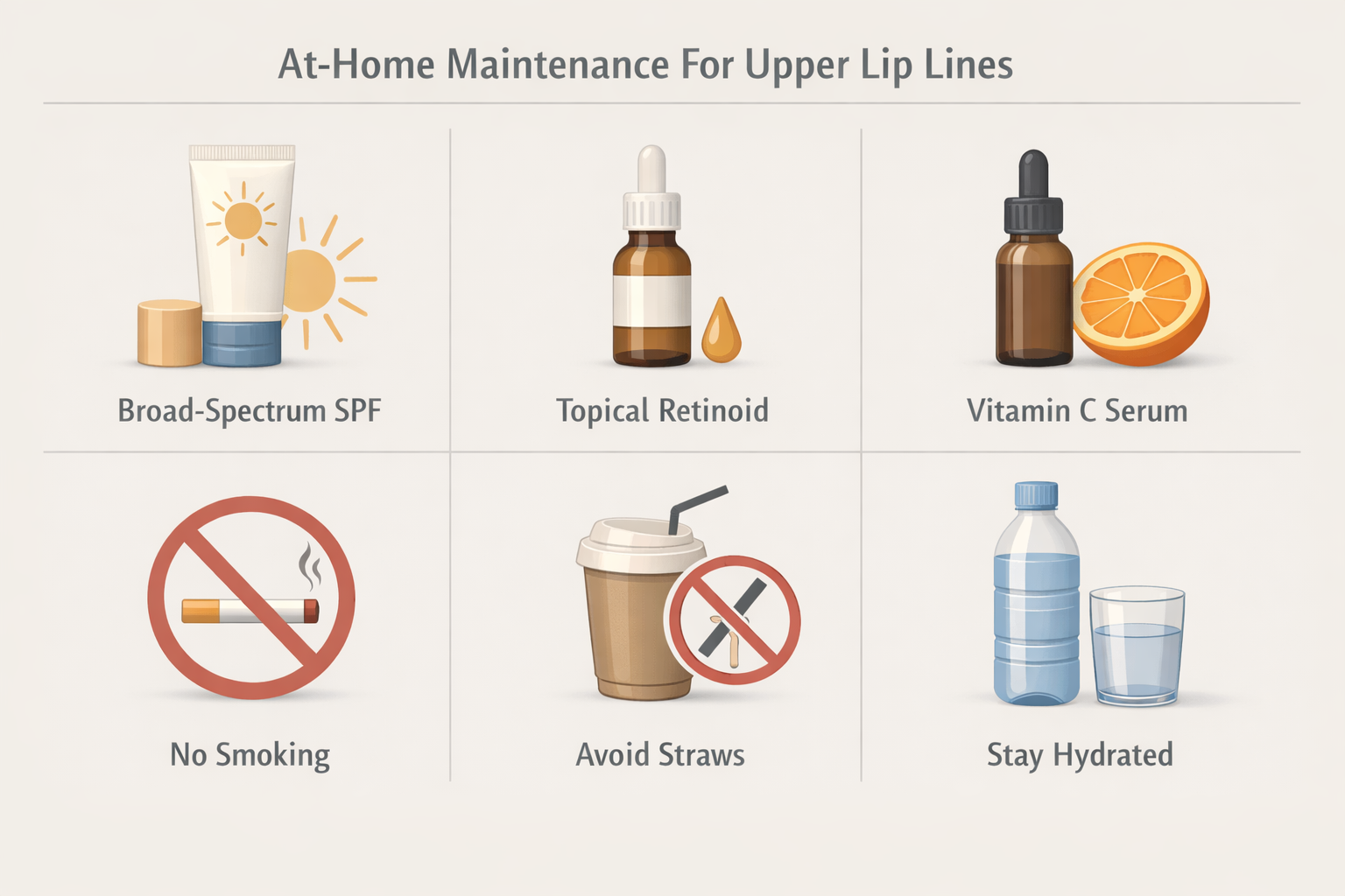 At-home maintenance checklist for upper lip lines including SPF, retinoids, vitamin C, and