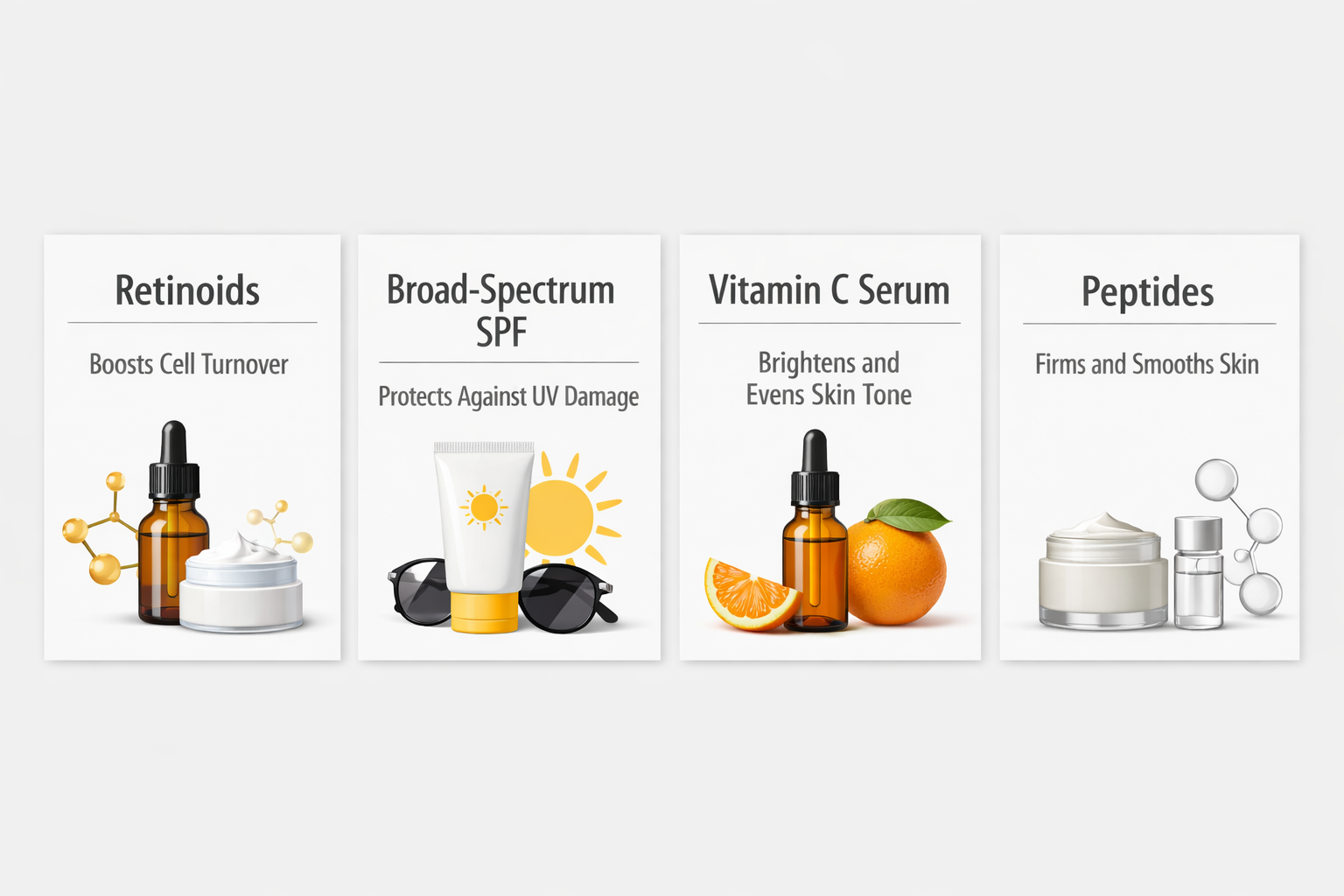 Skincare ingredient cards for forehead wrinkles showing retinoids, SPF, vitamin C, and peptides