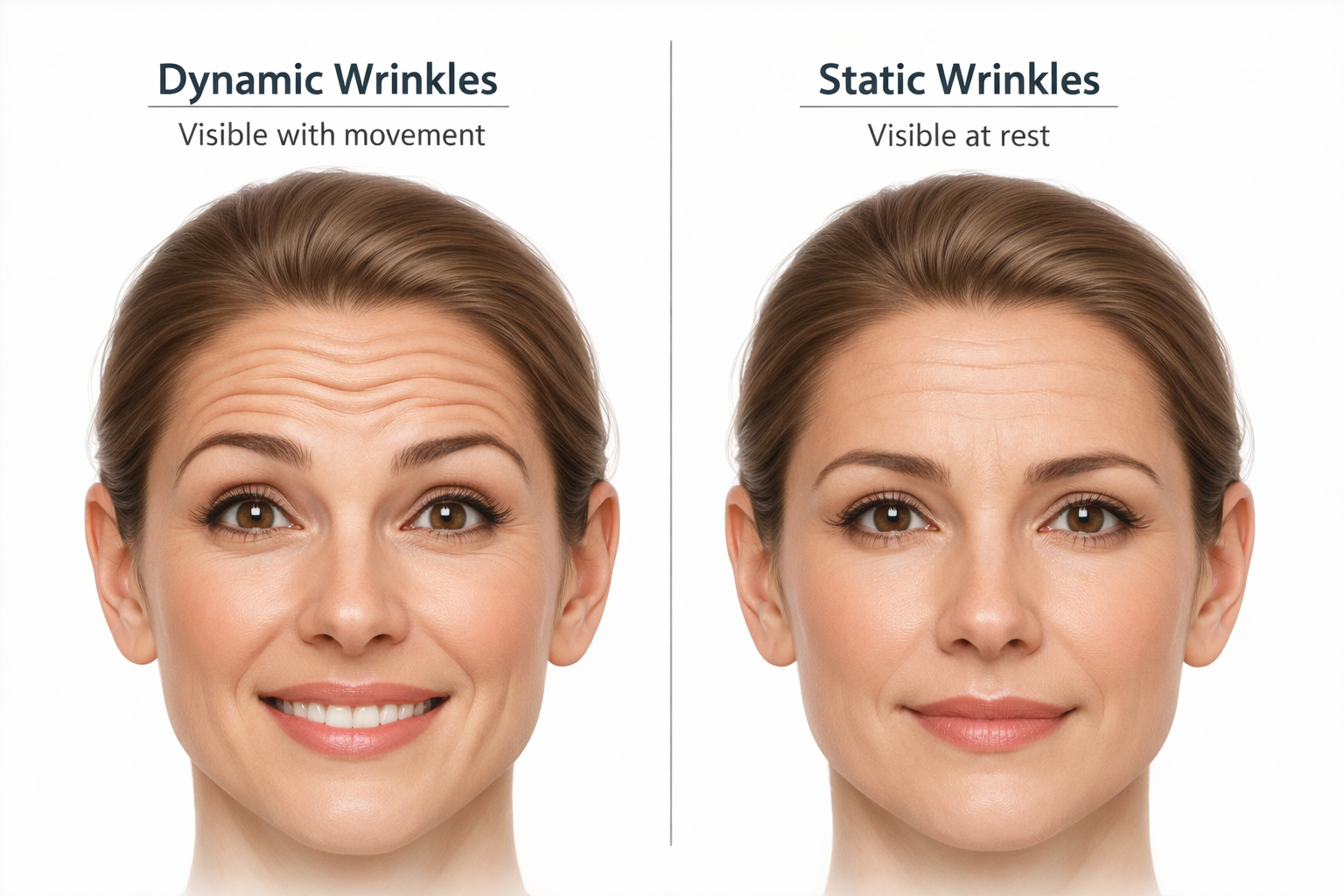Comparison of dynamic forehead wrinkles during expression versus static wrinkles visible at rest