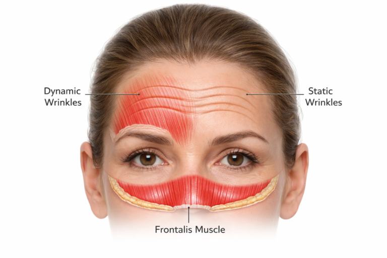 Illustration of forehead wrinkle types showing dynamic and static lines with frontalis muscle