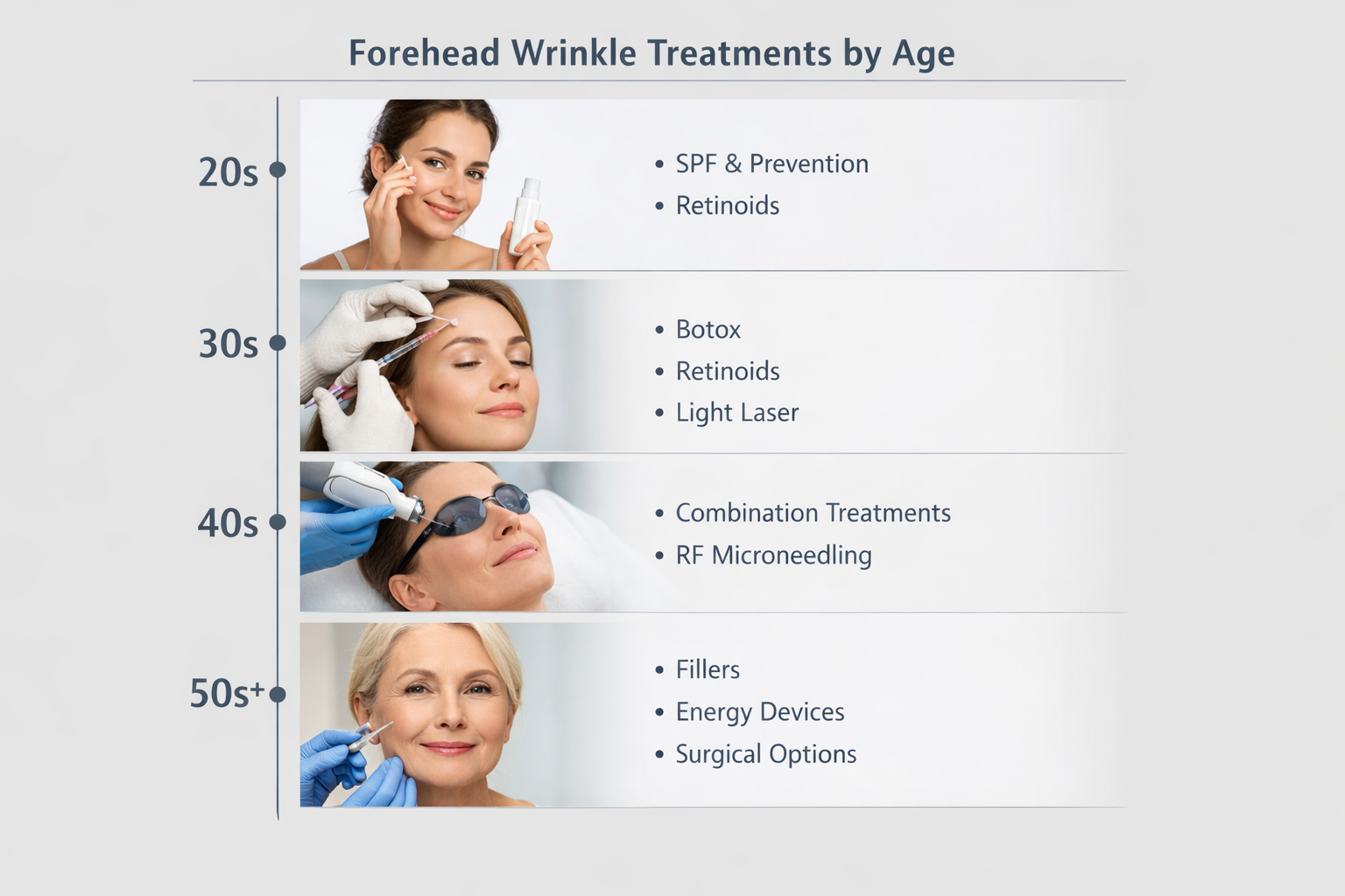 Age-based forehead wrinkle treatment timeline from 20s to 50s showing recommended options by decade