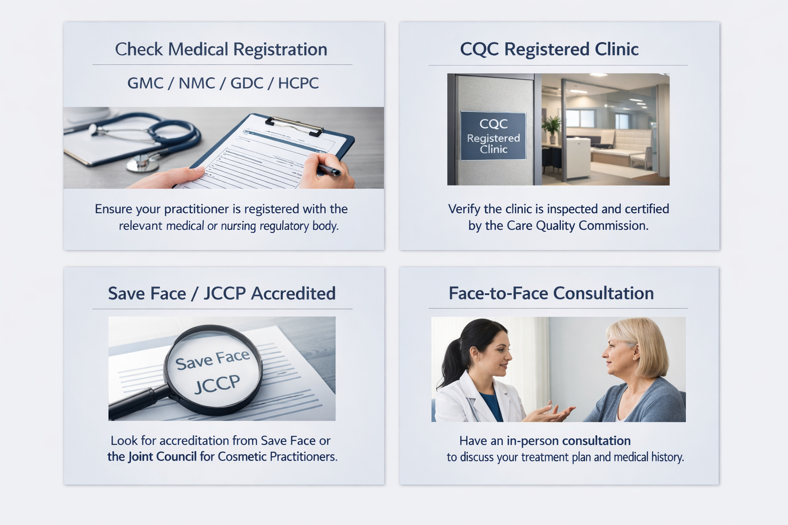Fact cards showing key safety checks when choosing a UK practitioner for jowl treatment