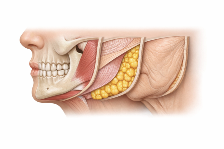 Anatomical illustration showing the four tissue layers that cause jowl formation in the lower face