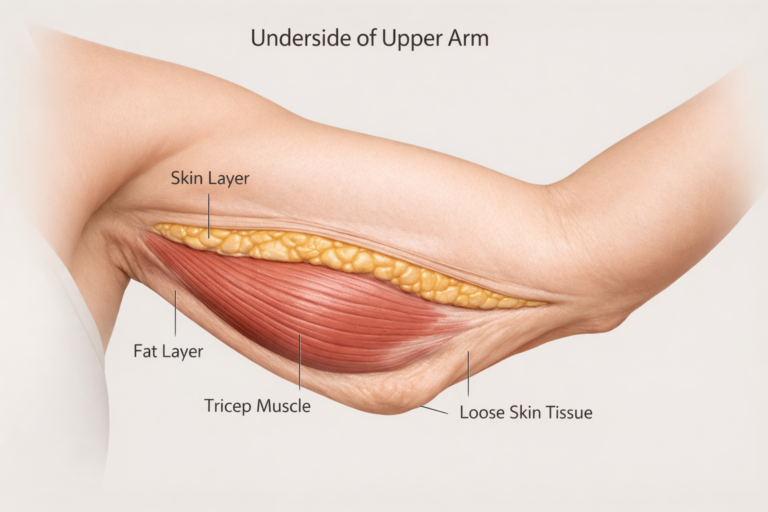 Illustration of upper arm anatomy showing tricep muscle and loose skin on the underside
