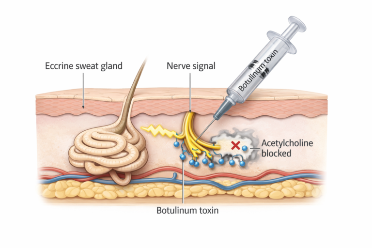 Illustration of botulinum toxin blocking nerve signals to eccrine sweat glands under the skin