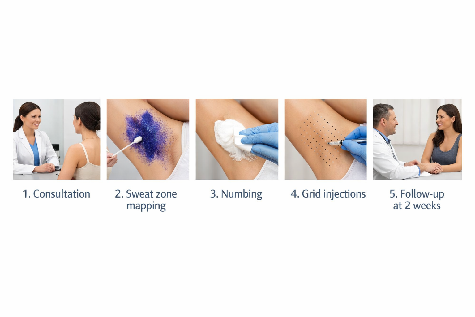 Five-step process diagram for Botox hyperhidrosis treatment from consultation to follow-up