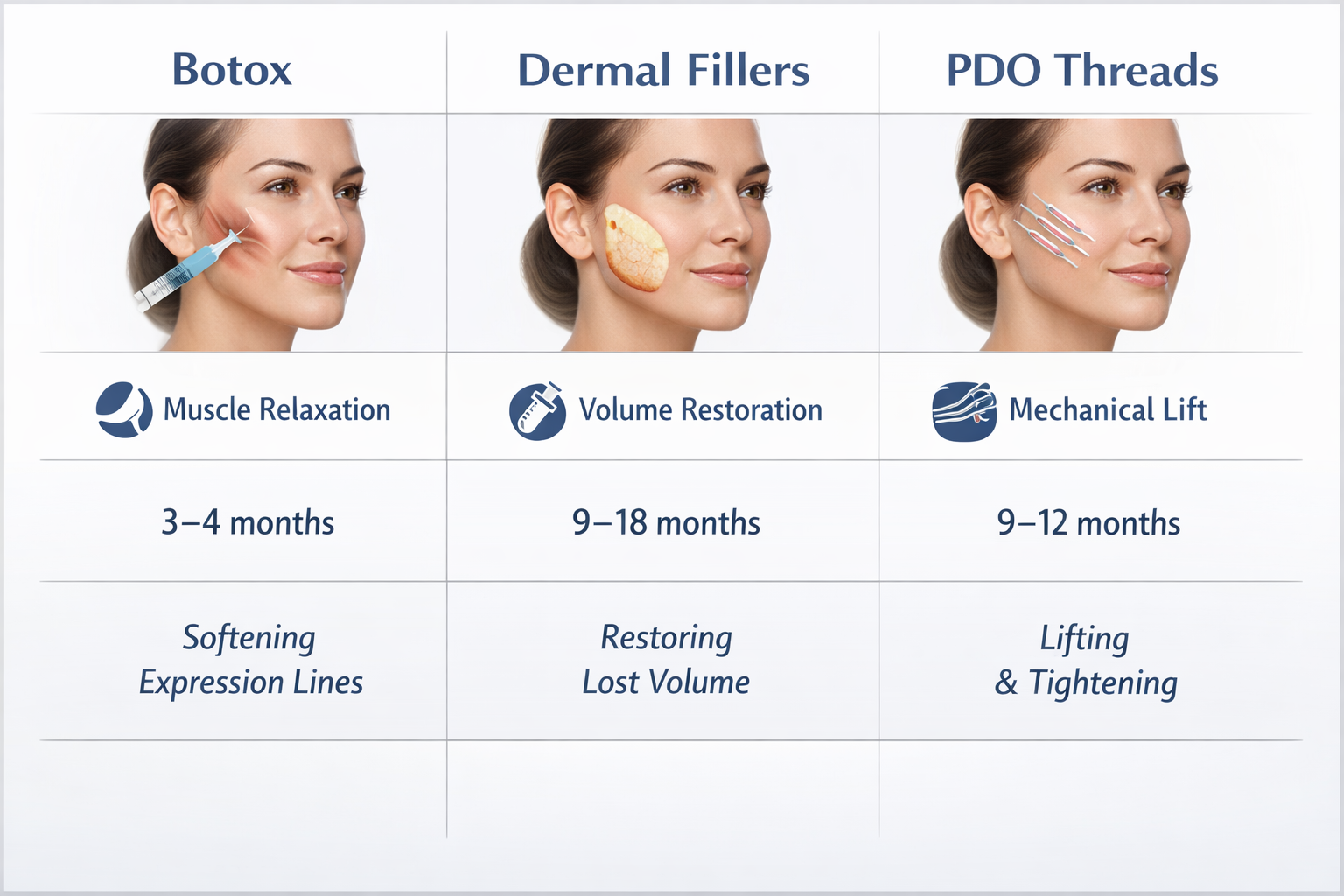 Comparison of Botox, dermal fillers, and PDO threads for cheek and lower face treatment