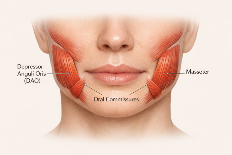 Facial anatomy diagram showing DAO muscle, masseter, and oral commissures for cheek Botox