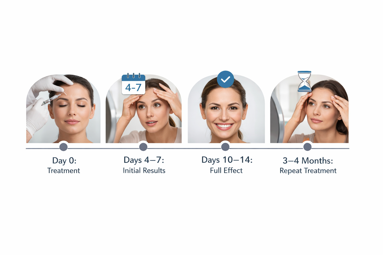 Timeline showing when Botox cheek results appear and how long they last