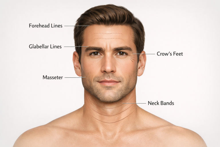 Botox injection treatment areas illustrated on a male face