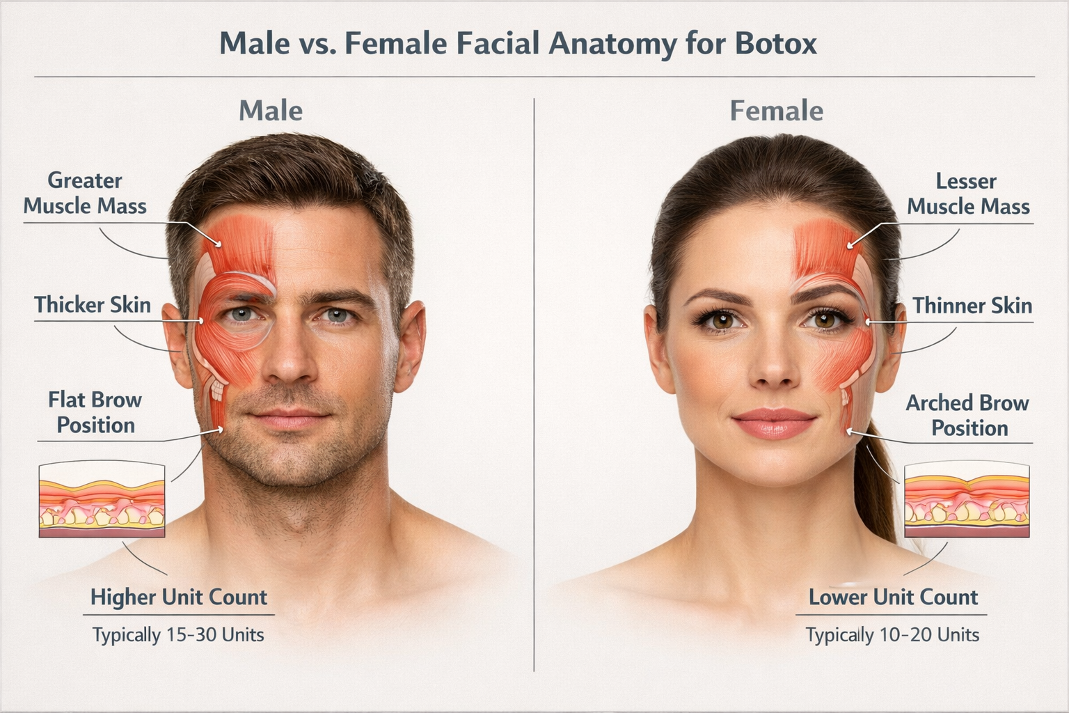 Infographic comparing male and female facial anatomy differences relevant to Botox dosing