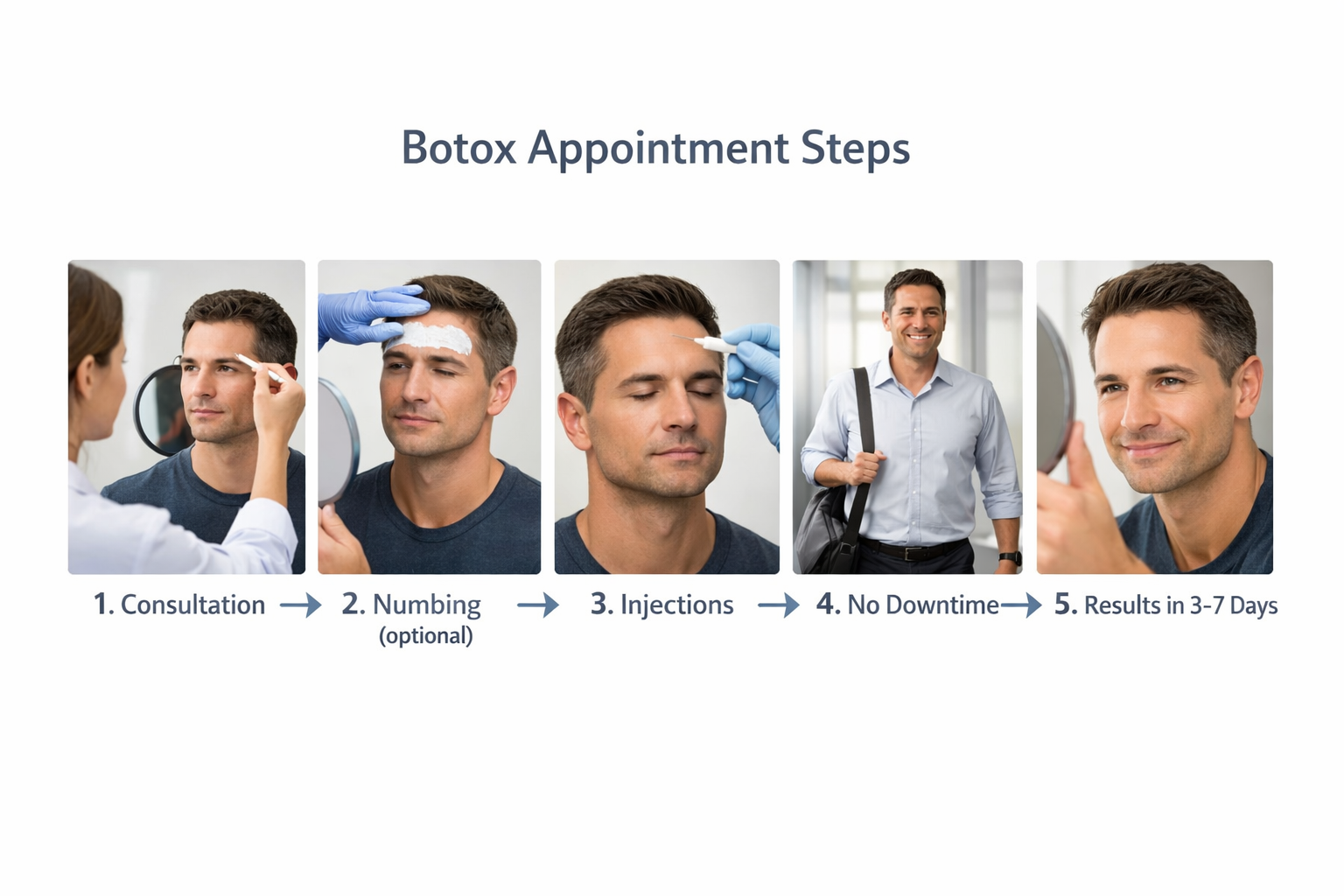 Step-by-step process diagram showing what to expect during a male Botox appointment