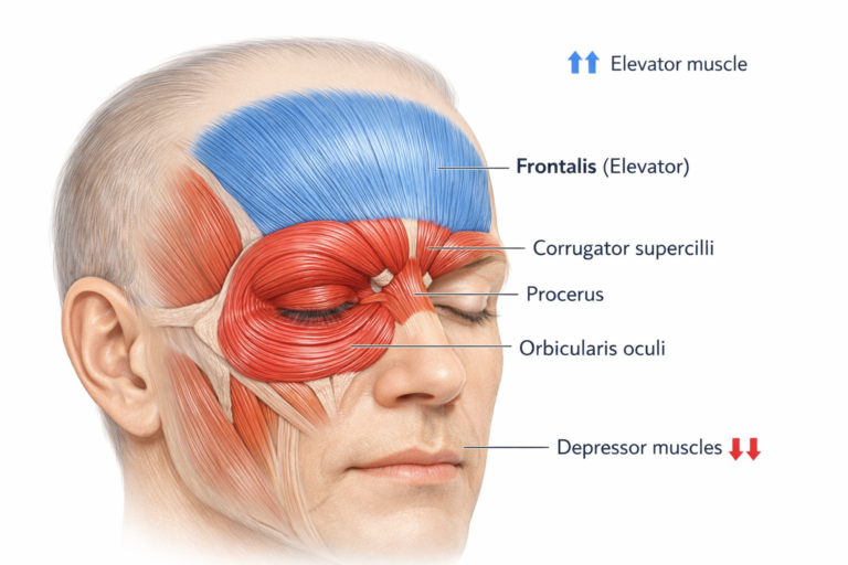 Diagram showing frontalis elevator muscle and brow depressor muscles involved in a Botox brow lift