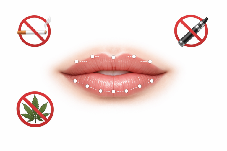 Illustration showing lip filler injection sites with smoking and vaping prohibited symbols