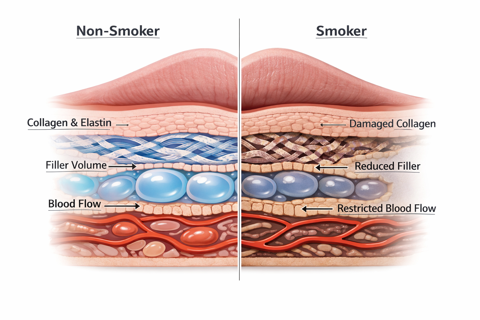 Medical illustration comparing lip filler longevity and collagen health in non-smoker versus smoker