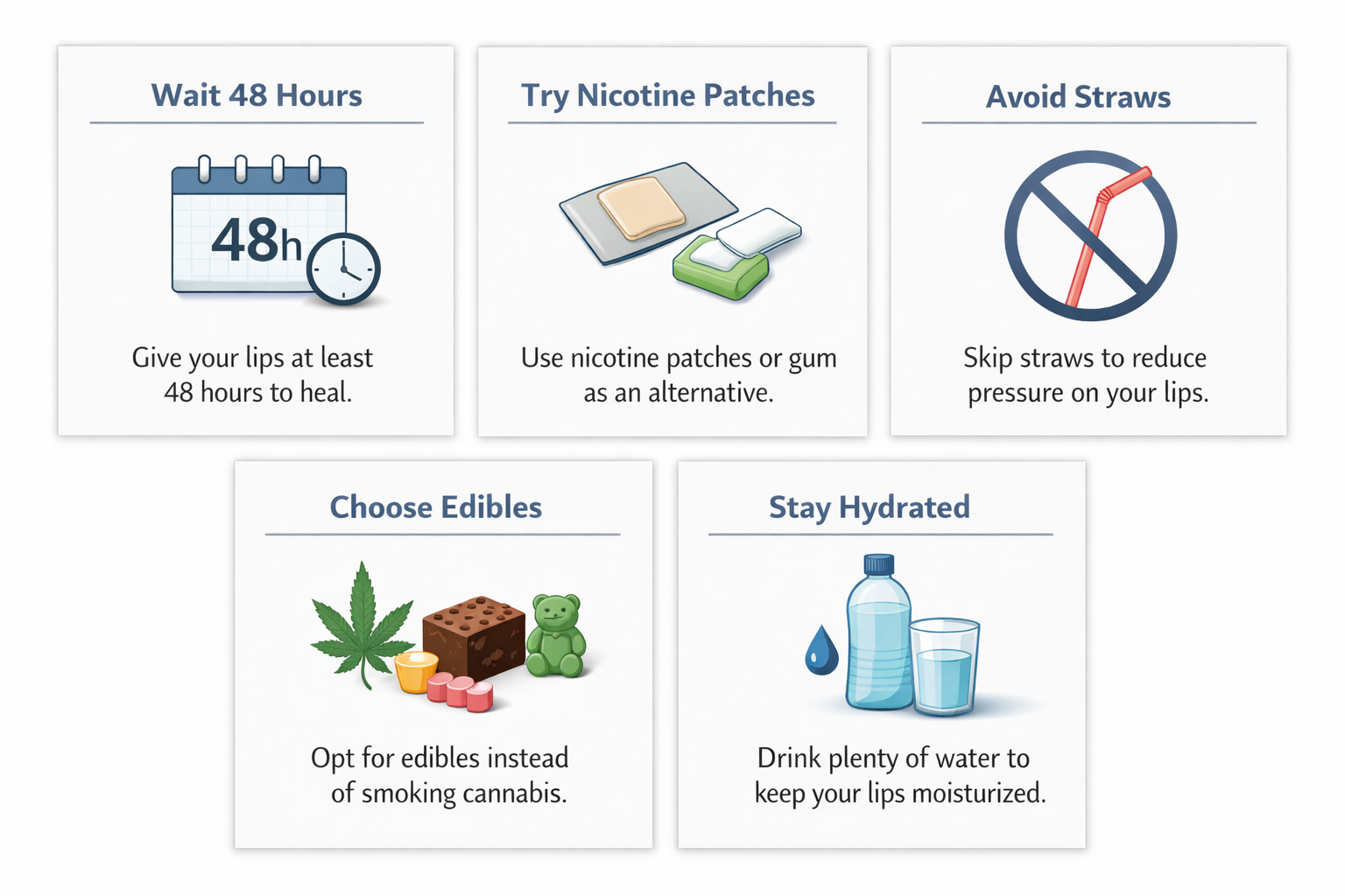 Fact cards showing practical harm-reduction tips for smokers after lip filler treatment