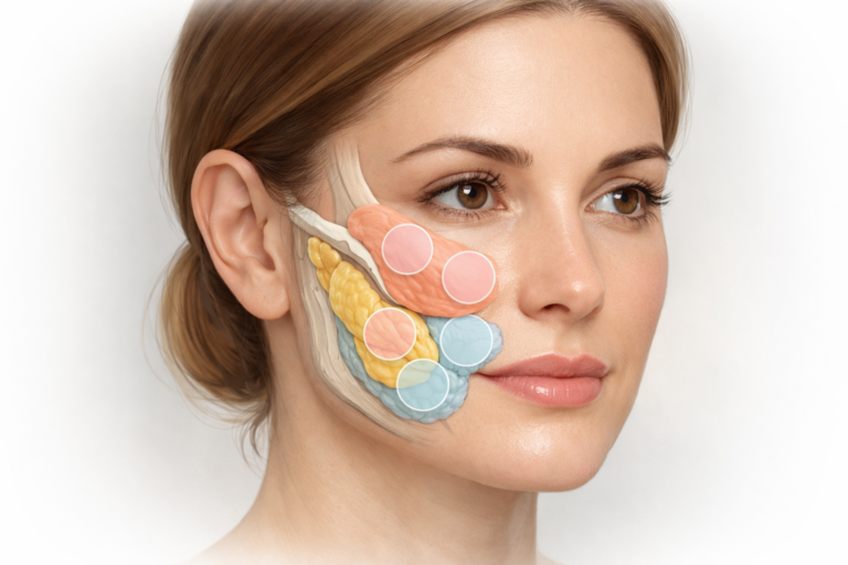 Illustration of cheek lift filler injection zones showing malar and zygomatic anatomy