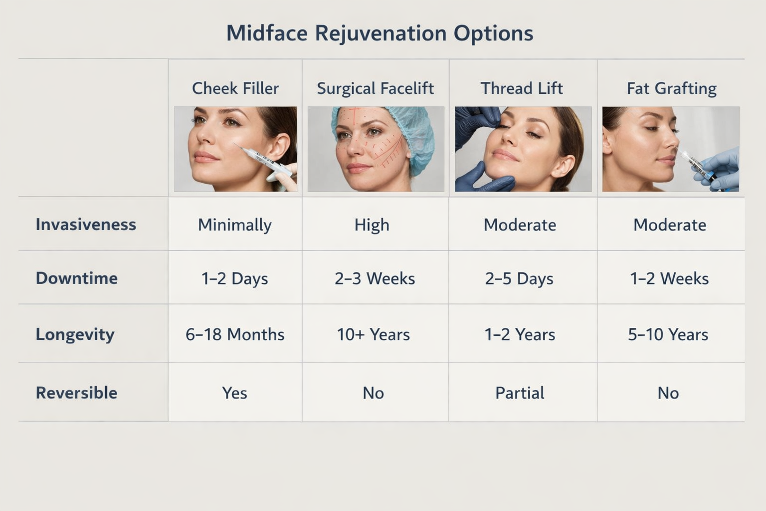 Comparison of cheek filler versus facelift, thread lift and fat grafting options