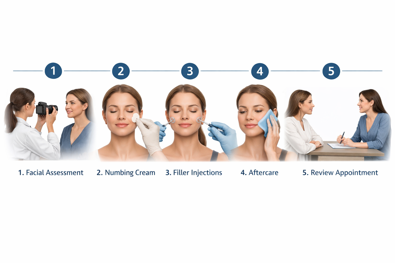 Step-by-step diagram of a cheek lift filler appointment from assessment to review