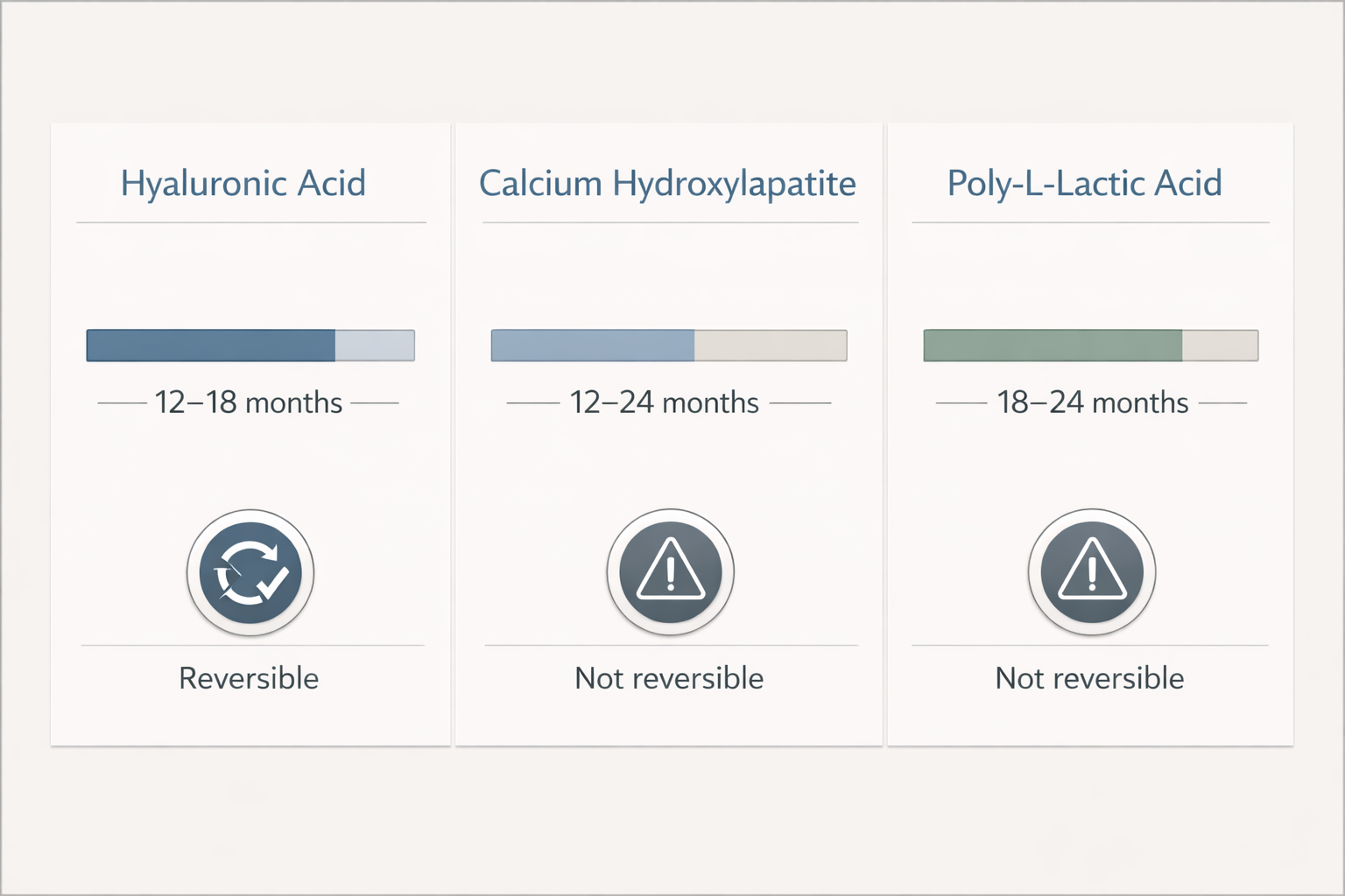 Comparison of HA, CaHA and PLLA cheek fillers showing longevity and reversibility